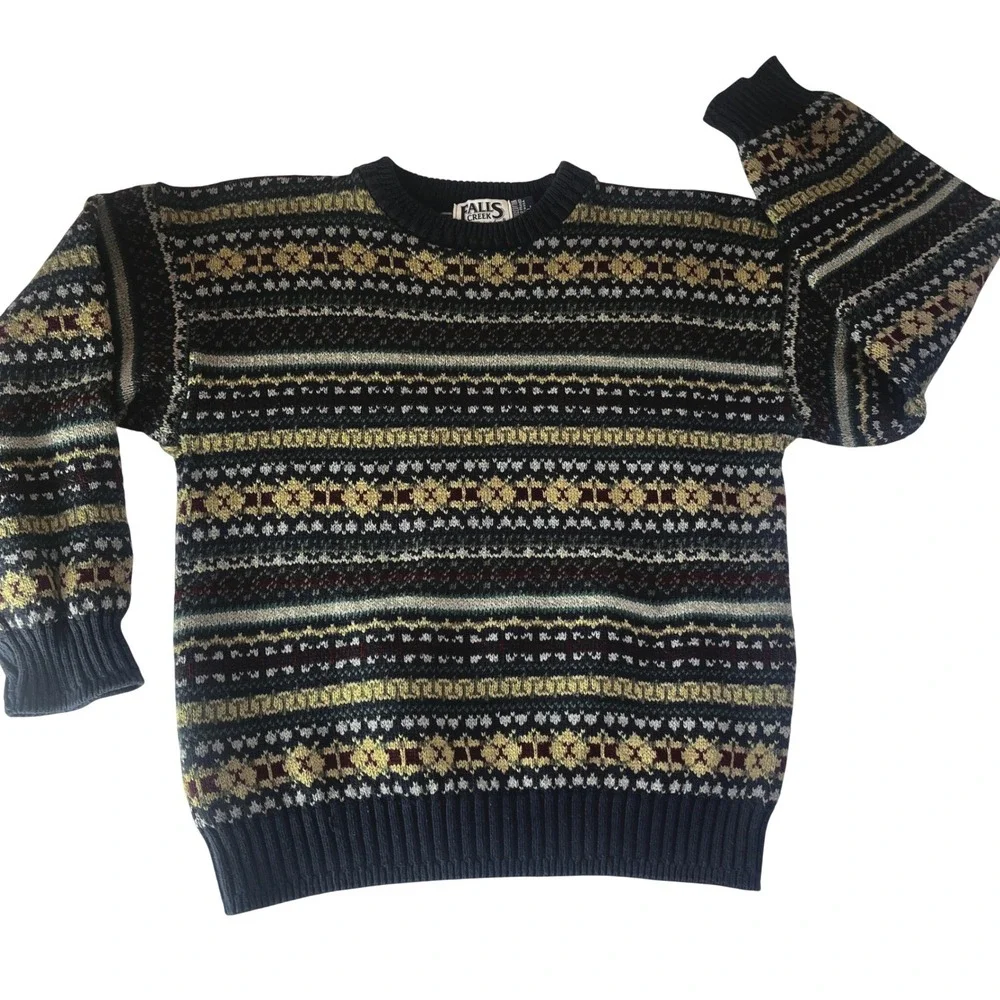 Vintage 90s Adult Large Fair Isle Cotton‎ Sweater Made in USA Navy Green Preppy